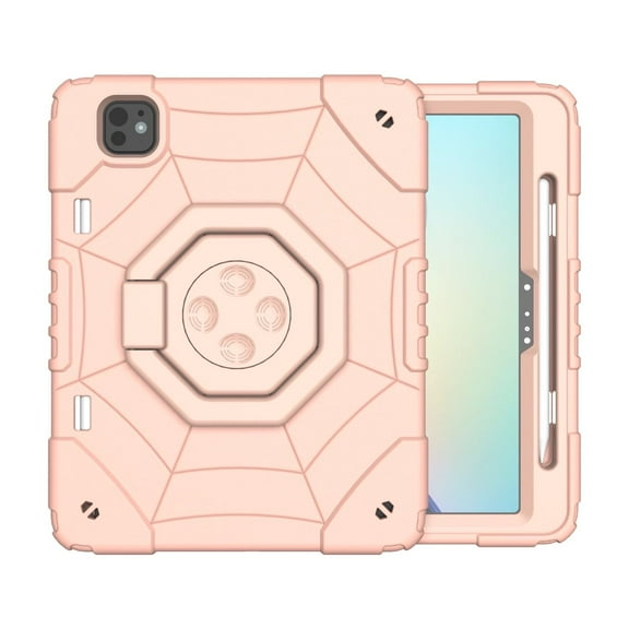 for iPad Pro 11 2024 Heavy Duty Case, with Kickstand & Pencil Holder Shockproof Protective 2 In 1 Cover for iPad Pro 11 2024 Kids Friendly Silicone PC Rugged, Rosegold