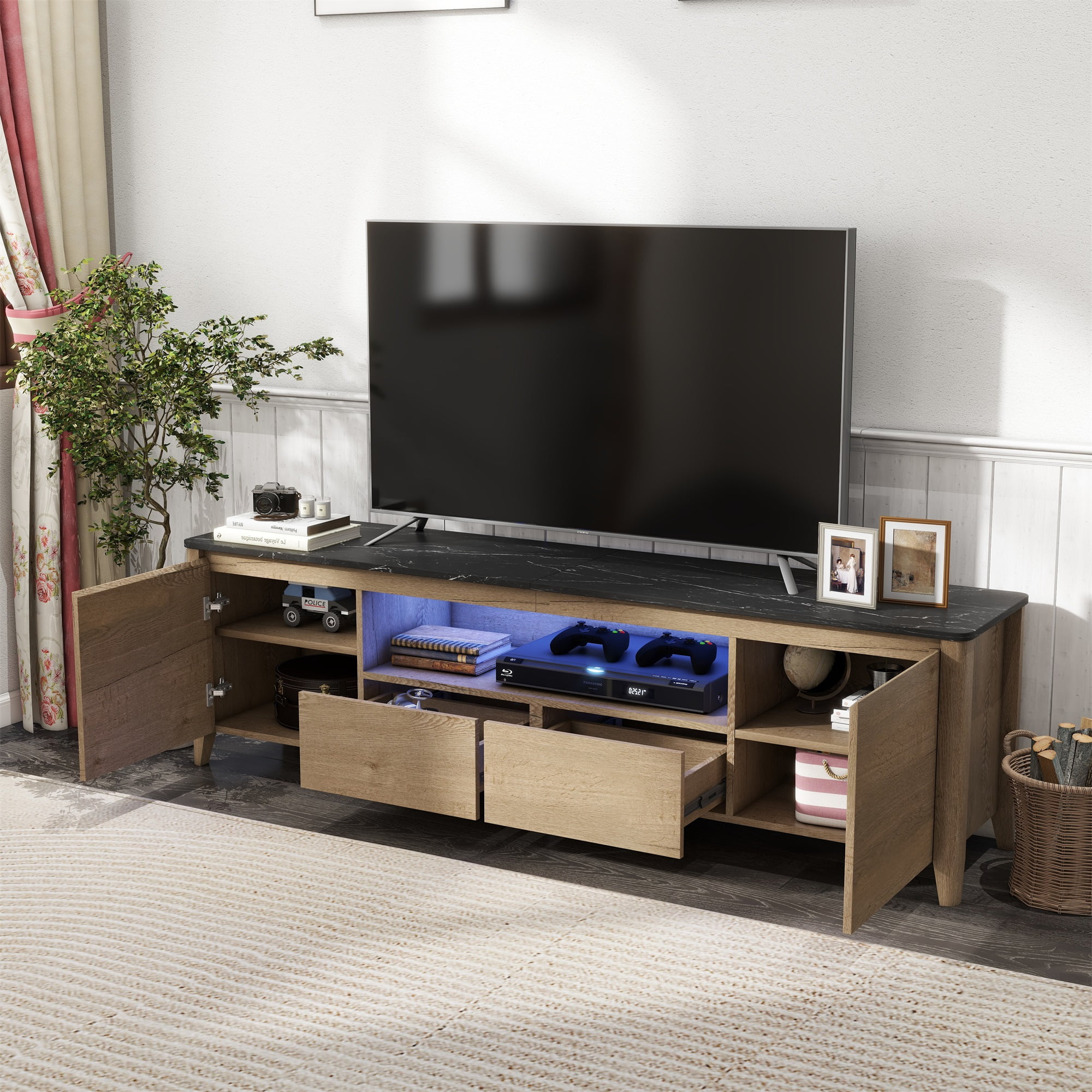Kadyn Modern TV stand with LED Lights and Storage, TV Console for Up to 80 inch, Entertainment Center, Natural and White