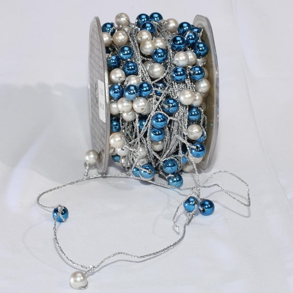 The Ribbon People Silver and Blue Twisted Beads Wire Christmas Craft Ribbon 0.25" x 44 Yards