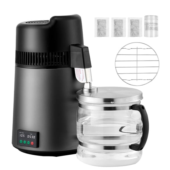 KFFKFF 6L 1.6 Gallon Water Distiller, Countertop Purifier and Filter for Home Use, 900W Glass Pot Distillation Unit with Stainless Steel Interior for Producing Clean Drinking Water