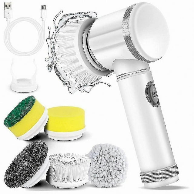 electric spin scrubber with 5 replaceable heads for bathtub, tile, and floor cleaning blanco, vista frontal 3/4 del mango ergonómico con botón circular y cabeza giratoria; incluye cinco cabezales intercambiables (cepillo plano de cerdas blancas, cepillo para esquinas, almohadilla estropajo oscura, esponja amarilla con cara abrasiva verde y pad de espuma), cable USB de carga y base; cuerpo ABS liso con agarre de silicona antideslizante, diseñado sin cable para limpieza de bañera, azulejos y pisos.