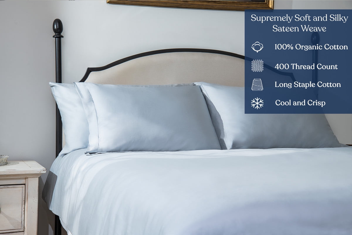Delara GOTS Certified Organic Cotton King Duvet Cover Set, 400TC, Soft, Breathable, 8 Ties, Light Blue for Hot Sleepers