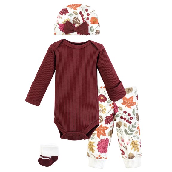 Hudson Baby Girls Thermal Preemie Layette Set 4pc Long Sleeve Outfit, Acorn Botanical, Preemie