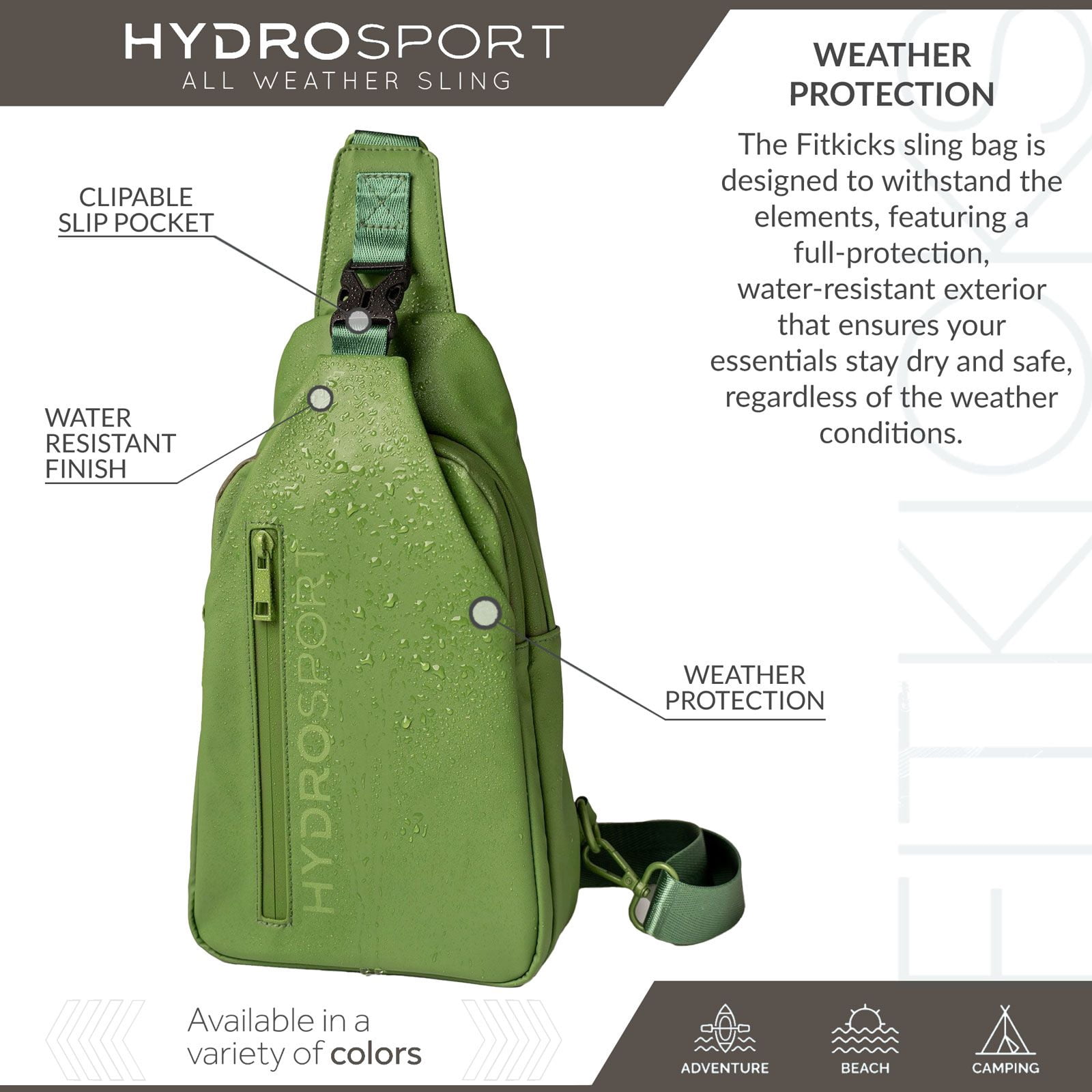 FITKICKS Hydrosport All Weather Sling Bag Crossbody Travel Hiking Chest Bag, Green (Unisex)