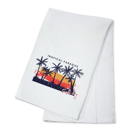 

Siesta Key Florida Tropical Paradise Palm Trees and Sunset Distressed (100% Cotton Tea Towel Decorative Hand Towel Kitchen and Home)