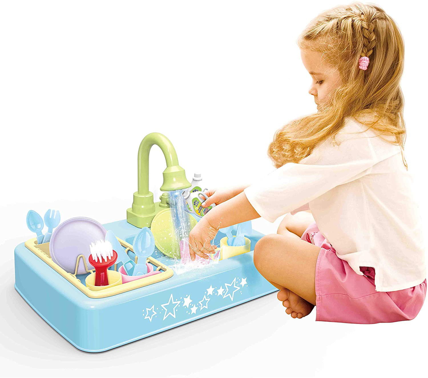 Sink Drain and 16 Accessories Included IQ Toys 18 Piece Deluxe Modern Dishes Play Set Pretend Play Wash Up Kitchen Sink with Real Running Water