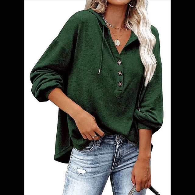 Sudadera con Capucha y Botones para Mujer, con Cuello en V, Larga y Cordón Ajustable. Camisetas Henley. Verde M