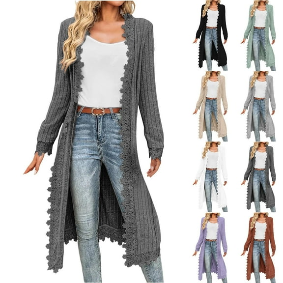 Frostluinai Womens Ribbed Knit Long Cardigans Opne Front Long Sleeve Knit Sweaters Solid Lace Trim Light Weight Cardigans Cover Up