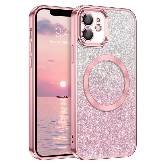 DUEDUE iPhone 12 Case Pink 6.1", Compatible with MagSafe, Magnetic Slim Bling Glitter Shockproof Case For Women Girls