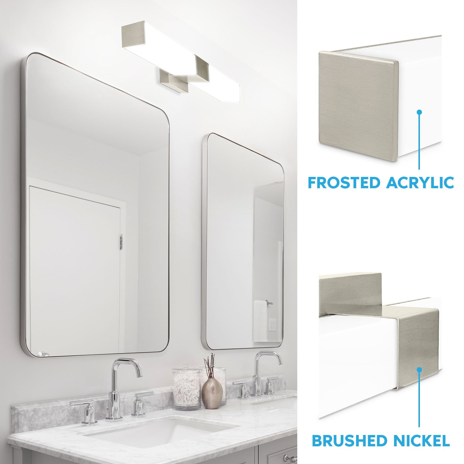 Luxrite LED Bathroom Vanity Light Fixtures Square 24 Inch Brushed Nickel 5 CCT 2700K-5000K 24W 1500 Lumens Dimmable