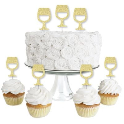 Gold Glitter Wine Glass - No-Mess Real Gold Glitter Dessert Cupcake Toppers - Wine Tasting Party Clear Treat Picks - Set of