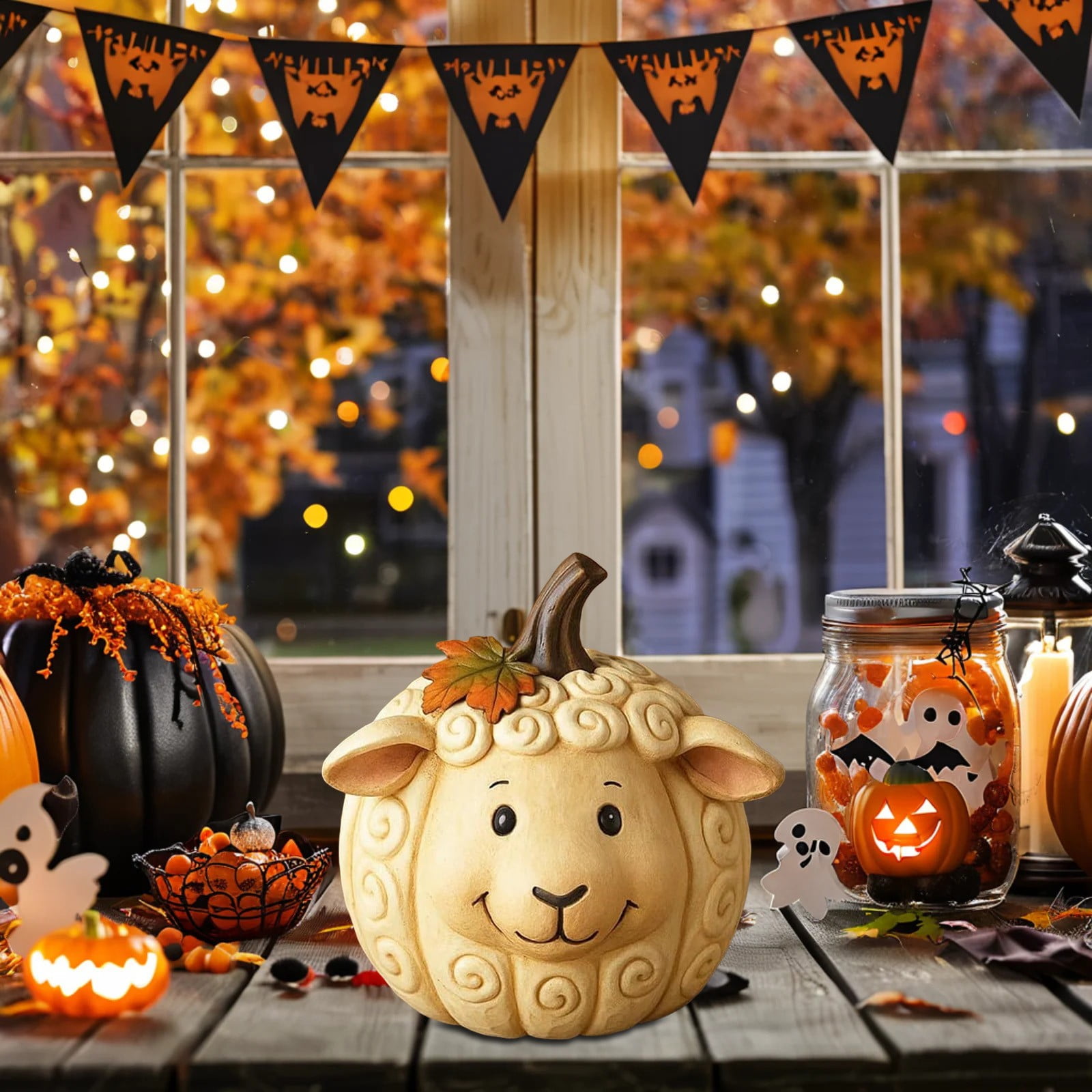 Sheep Pumpkin Figurine 4 Inch, Cute Resin Farm Animal Statue, Rustic Fall Thanksgiving Table Centerpiece, Farmhouse Mantel Shelf Decor for Home Office