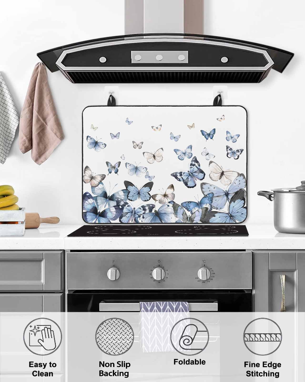 Large Induction Cooktop Protector Mat Blue Butterflies Stove Top Covers for Electric Stove, Elegant Pastoral Butterfly Decorative Stove Burner Cover Mats, Glass Top Stove Cover