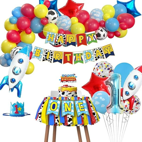Cartoon Toy 1st Birthday Party Supplies - First Birthday Decorations, Balloon Arch, Highchair Banner, Crown, Cake Topper, One Year Old Party Decorations
