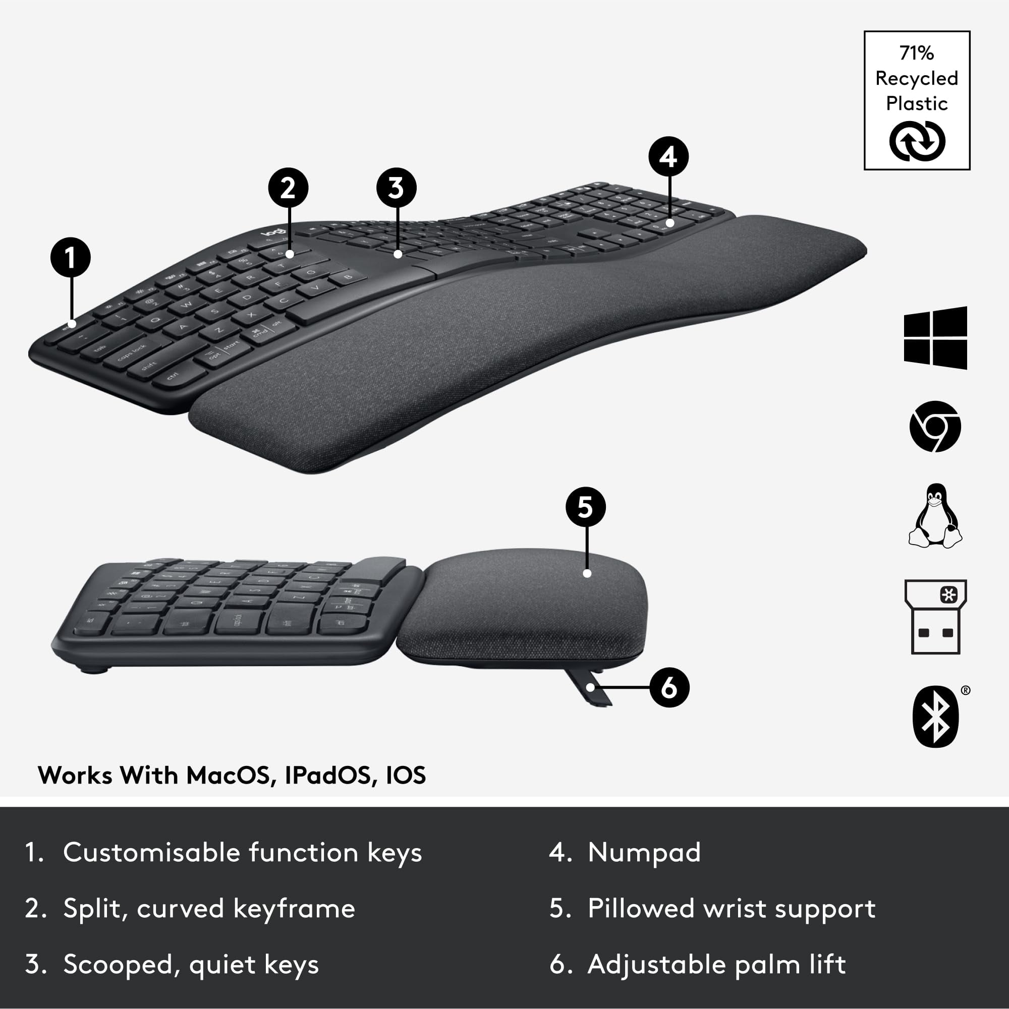 Logitech ERGO K860 920-009166 Black 2.4 GHz Bluetooth Split Keyboard