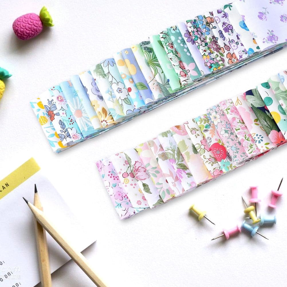 40Pcs Cotton Floral Jelly Roll Fabric 39 x 2.6in Cotton Quilting Bundle Precut Patchwork Spring Summer Flower Quilting Strip Chinoiserie Fabric for Blanket Rug Uolstery Home Decor Crafts 1set