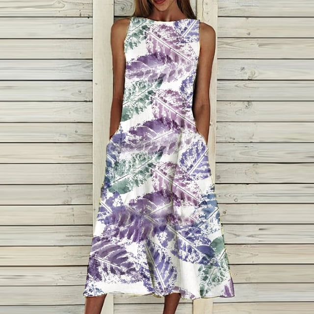 HKEJIAOI Liquidation Robe Florale pour Femmes Robe d'Anniversaire Robe d'Été Col Rond Sans Manches Imprimé Floral Scénique avec Poches Violet