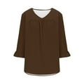 thumbnail image 5 of Fall Saving 2025 QUINDOS Plus Size Womens Tshirts 3/4 Sleeve Womens Tops Pleated Casual Brown V-Neck Solid Ruffle Sleeve Loose Fit Tops, 5 of 5