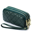 thumbnail image 1 of Women Wallets with Wrist Strap PU Card Solid Color Fine Workmanship Holder Three-Zipper Pocket Purse Simple Style Handbag Coin Keys Soft Bag Dark Green, 1 of 9