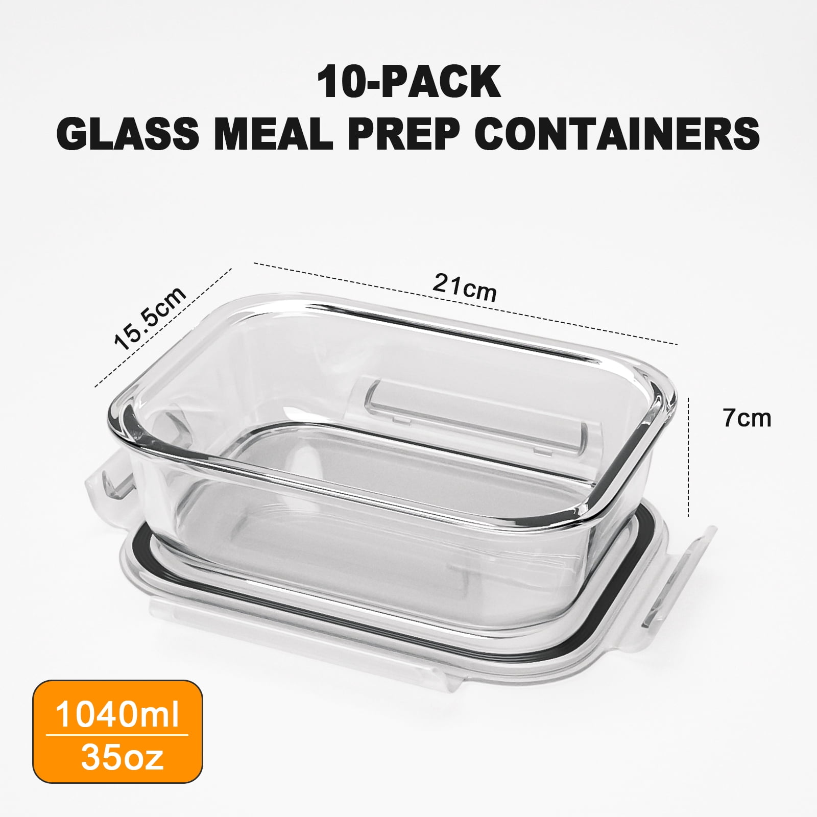 stusgo 20-Pcs Superior Glass Food Storage Container Set (10 × 35 oz. Glass Containers + 10 × Airtight Locking Lids with Air Vent)Black