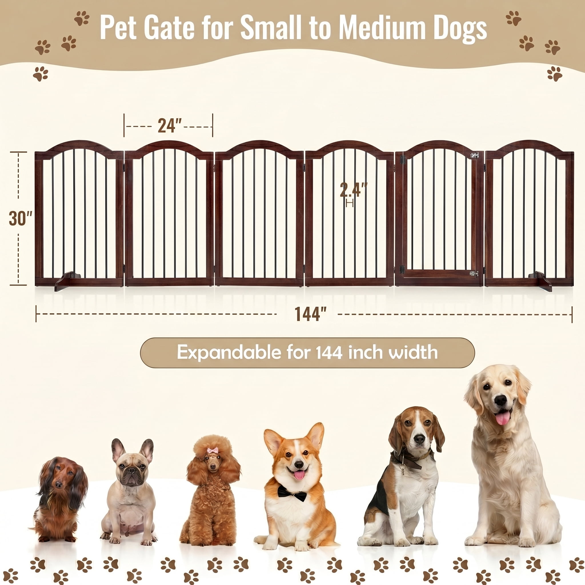 Prilinex 30″ Tall 6-Panel Dog Gate Freestanding, 144" W Foldable Dog Fence Pet Gate for Doorway Stairs, Brown