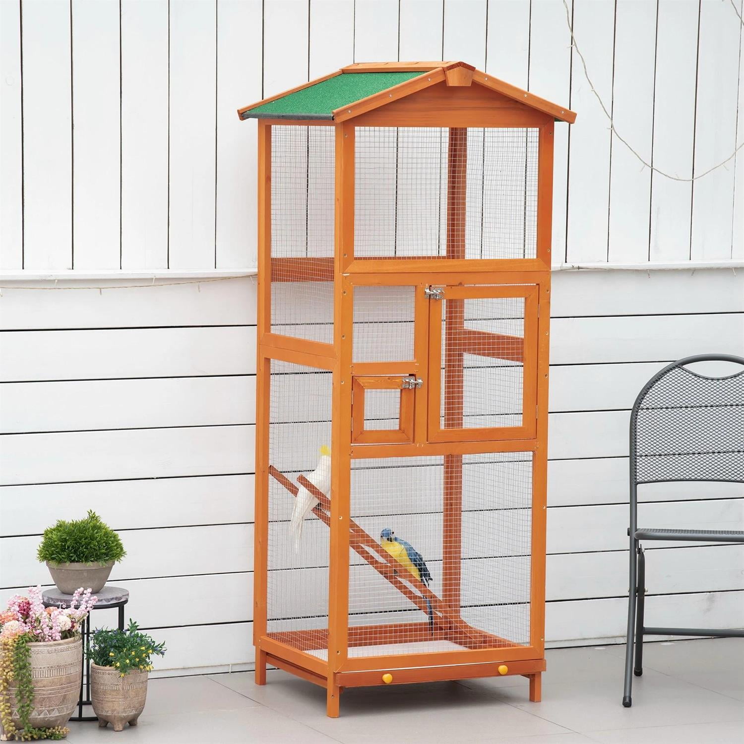 Pefilos Outdoor Bird Aviary, 65" Wooden Birdcage with Pull Out Tray 2 Doors, Ideal for Small Birds, Finches, Orange