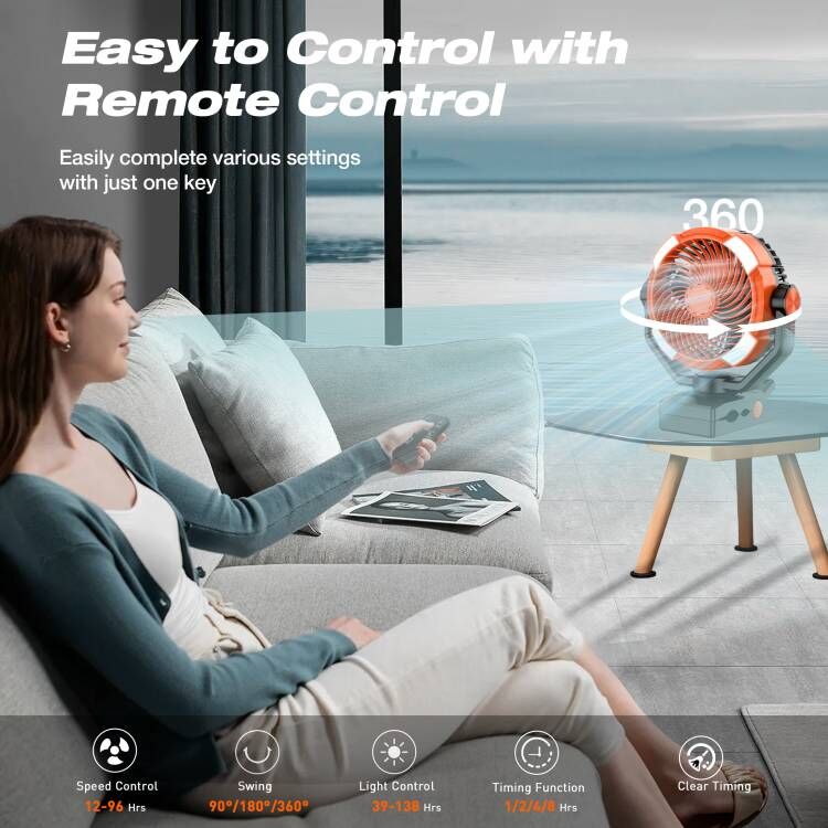 Camping Fan Rechargeable, Desk Fan 20000mAh Large Battery Clip Fan, 4 Speed Portable Fan with Remote, Battery Operated Fan with LED Light and Hanging Hook, Cordless Fan for Tent Picnic Outdoor