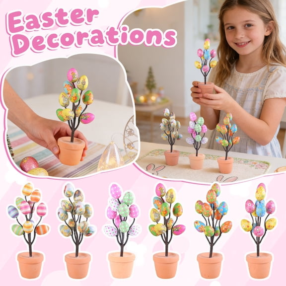 6PCS Easter Foam Egg Tree Tabletop Decor 10.23in Potted Spring Display for Home and Party, Easter Decorations for Home and Holiday Decor