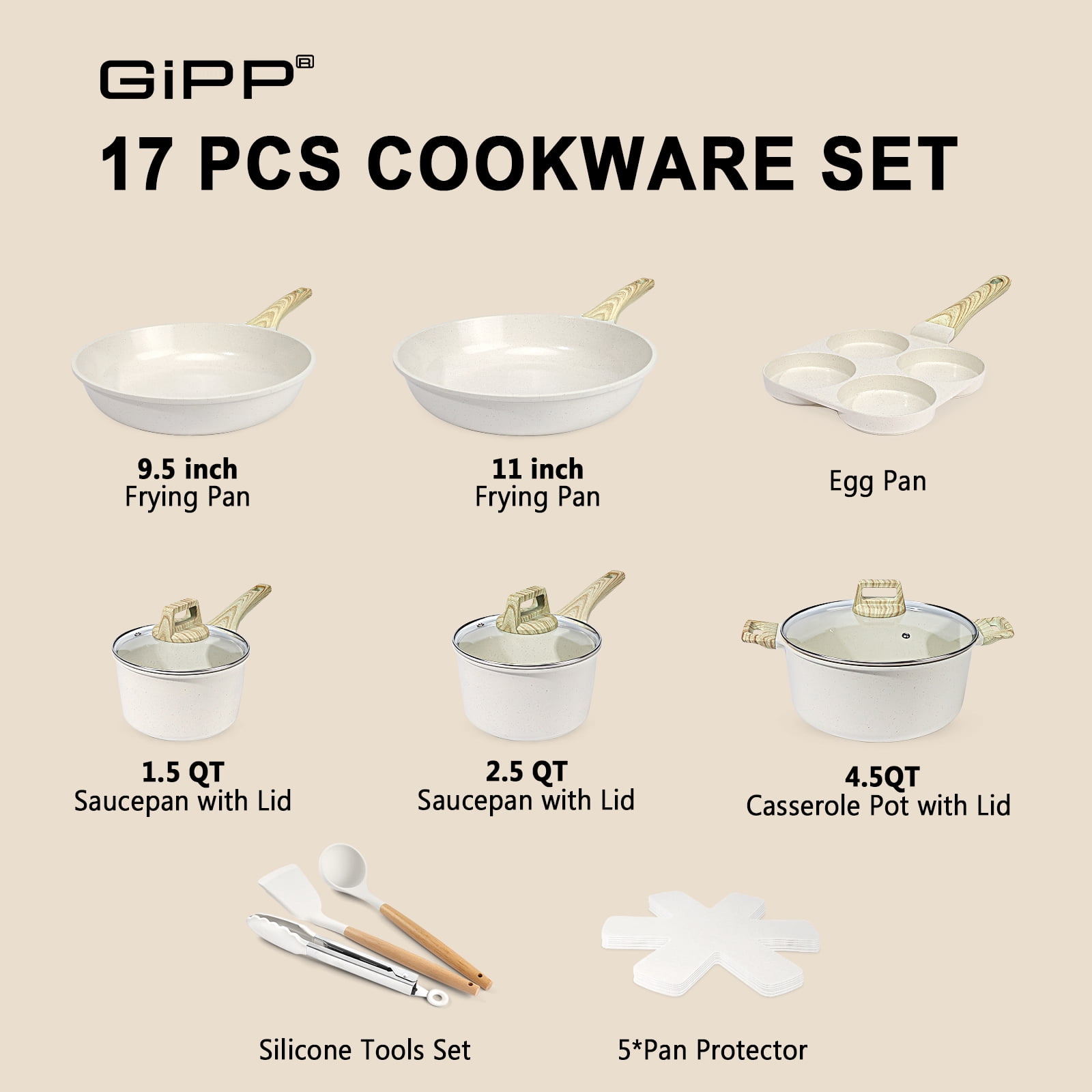 GIPP 17 Piece Kitchen Ceramic Cookware Sets with 11inch Frying Pan,Pots and Pans Set Non stick ,Dishwasher Safe Induction Cookware, Kitchen Cooking Set for RV Trips