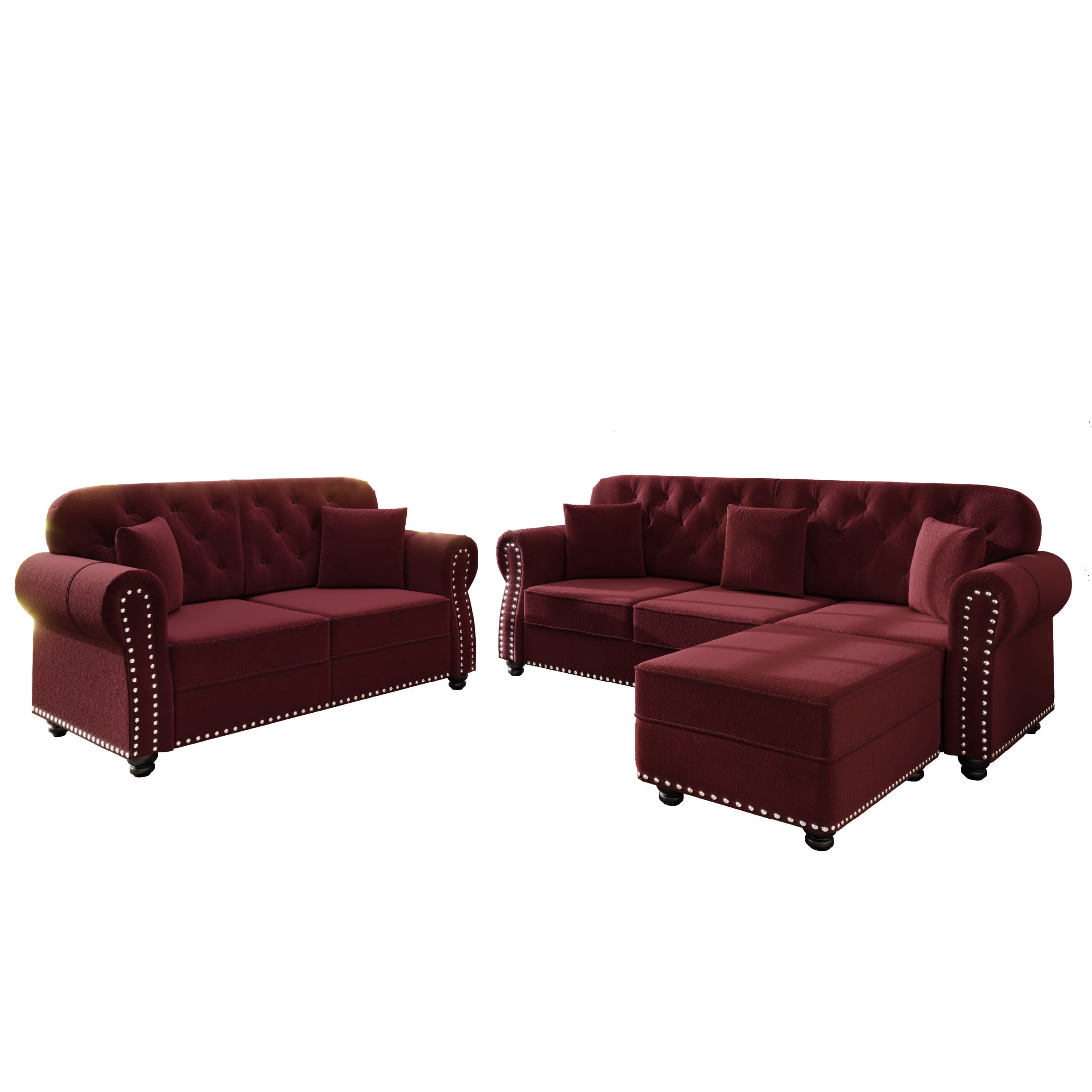 Noble House Kieran 5-Seater Velvet Chesterfield Sofa, Modern Tufted Armchair with Nailhead Trim and Ottoman, Burgundy