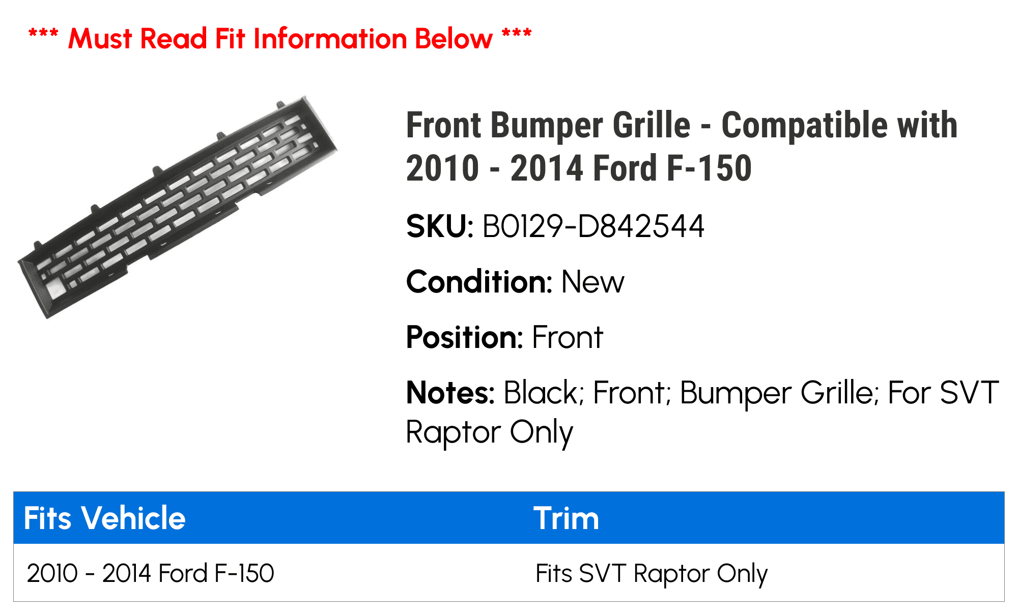 Front Bumper Grille - Compatible with 2010 - 2014 Ford F-150 2011 2012 2013
