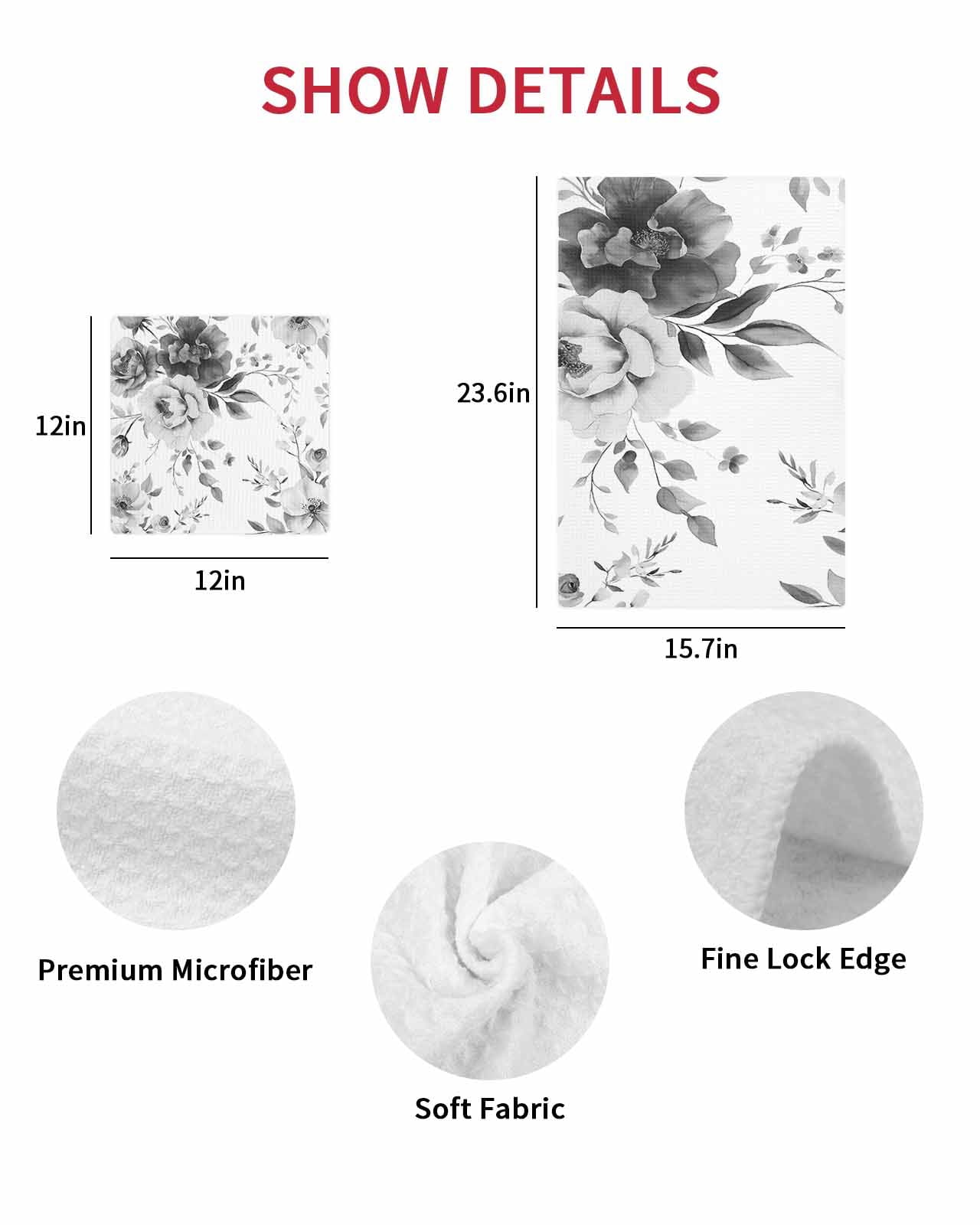 Grey Floral Art Kitchen Dish Towels for Drying Dishes Set of 4, Watercolor Botanical Spring Flowers Waffle Weave Microfiber Terry Hand Tea Bathroom Towels Quick Dry & Absorbent Towel 15.7x23.6