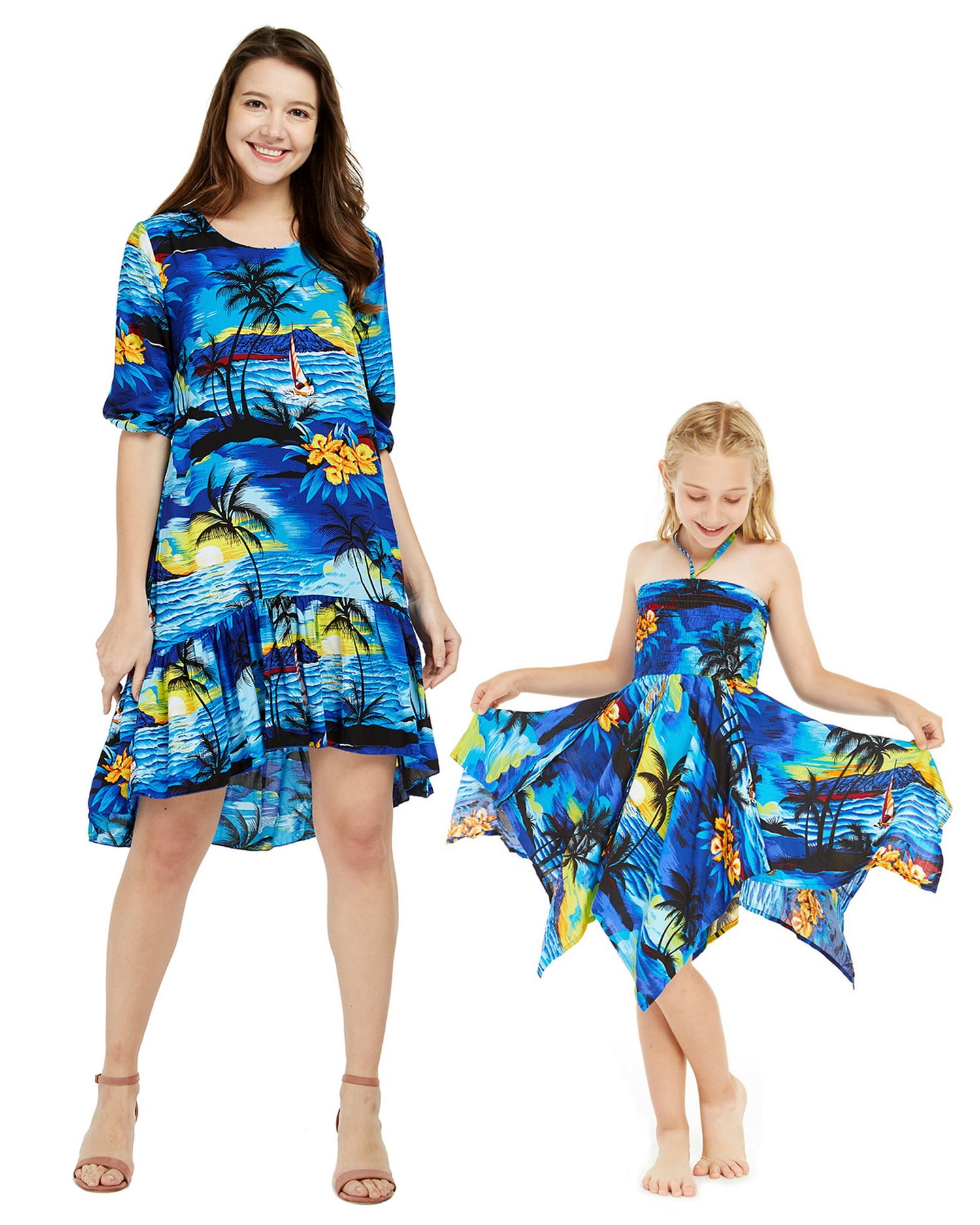 Matching Hawaiian Luau Mother Daughter 3/4 Sleeve Mermaid Ruffle Fairy Dress in Sunset Blue 