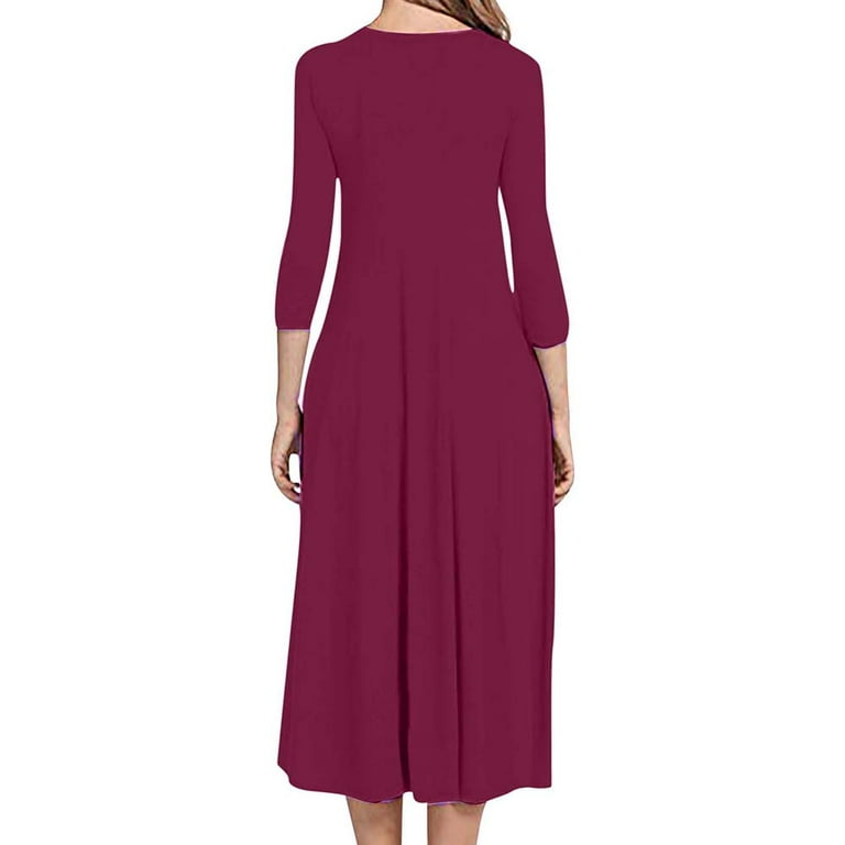 Zpanxa Plus Size Dress for Women, Solid 3/4 Sleeve Empire Waist Dress,  Round Neck Fall Dress Casual Midi T-Shirt Dress Hot Pink L - Walmart.com