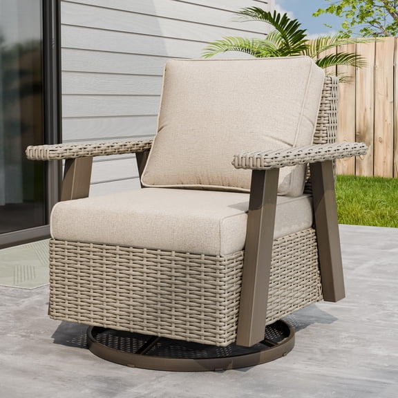 INTER HUT Serenity Retreat 360° Swivel Rocker Patio Chair, Outdoor Rattan Swivel Chair with Cushions, Beige