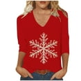 thumbnail image 2 of Amidoa Sparkly Womans Tops V-Neck Red 3/4 Sleeve Christmas Blouses Light Weight Snowflake Prints Tee Women Shirts L, 2 of 5