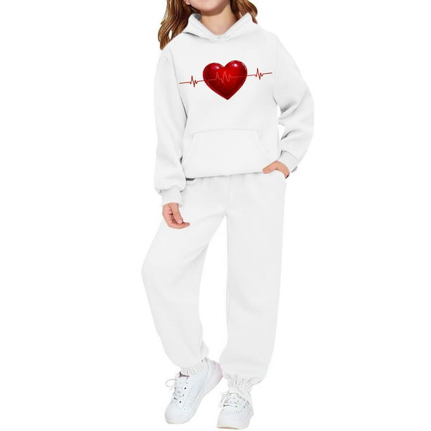 Conjunto de sudadera con capucha de manga larga para niños con estampado en forma de corazón y pantalones deportivos con lazo en las piernas, conjunto deportivo informal de dos piezas para niños, poli