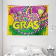 thumbnail image 1 of Mardi Gras Tapestry, Grunge Background with Colors Vivid Beads Vintage Letters Joyful Print, Wall Hanging for Bedroom Living Room Dorm Decor, 80W X 60L Inches, Purple Green Yellow, by Ambesonne, 1 of 2