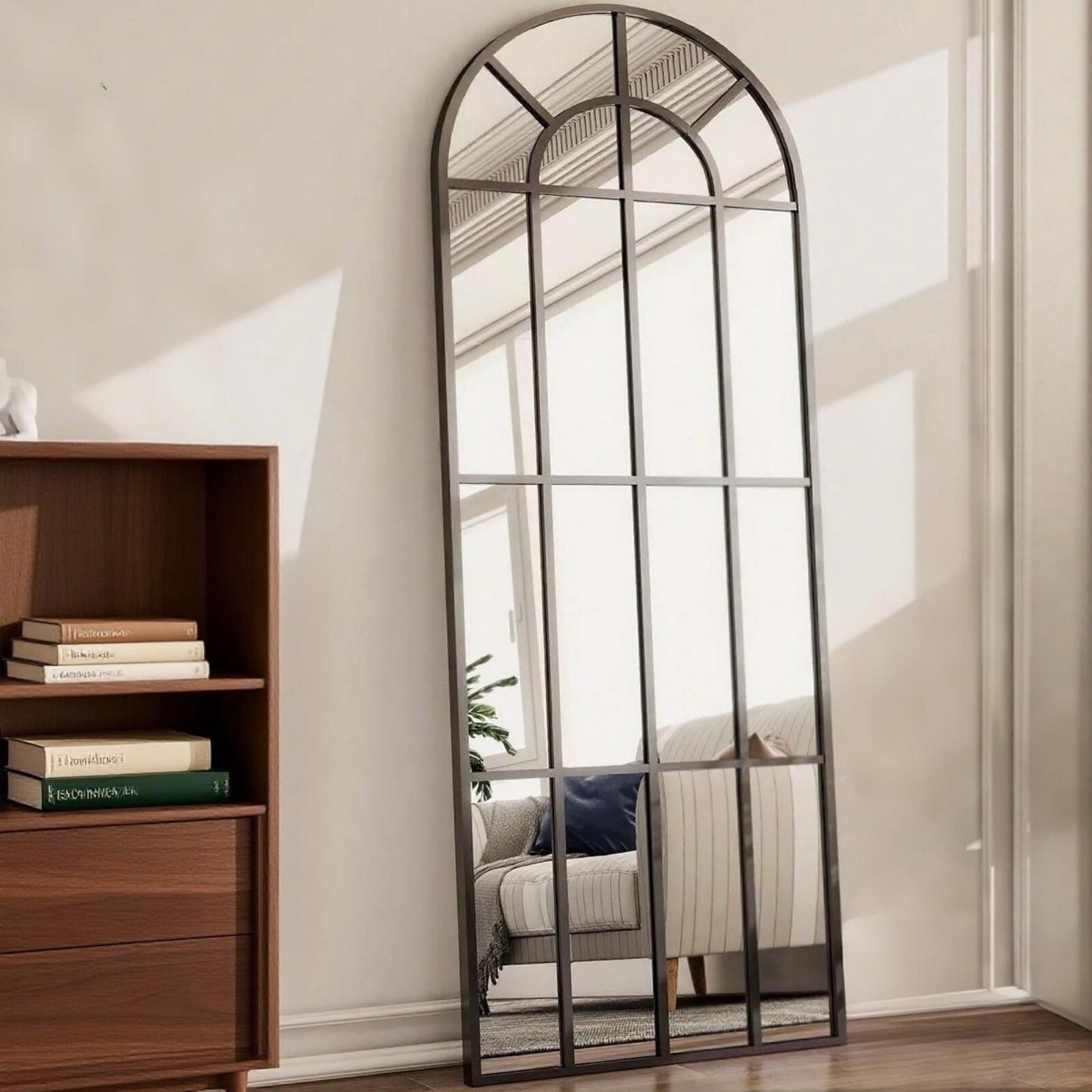 Lumora 25"x69" Windowpane Full Length Arched Floor Mirror, Black