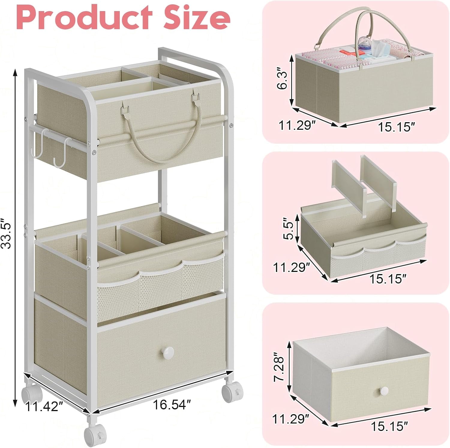 2In1 Baby Diaper Caddy Organizer and Storage, 3 Tier Rolling Cart with Drawer, Mobile Utility Cart Baby Dresser Clothes Organizer for Crib, Art & Craft Storage, White, 17"W x 11.42"D x 33.5"H