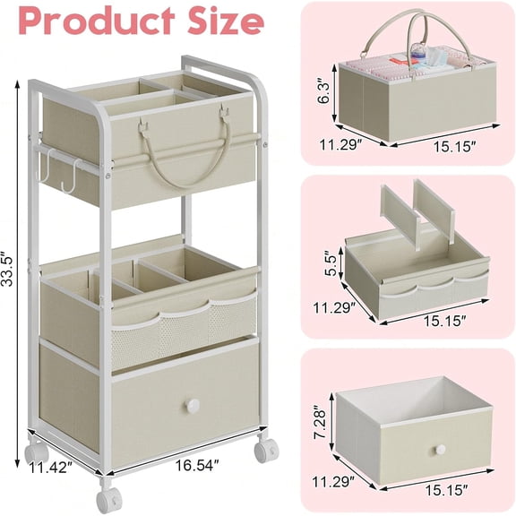 2-in-1  Diaper Caddy Organizer with 3 Tiers and Drawer, White Rolling Cart for Nursery Storage