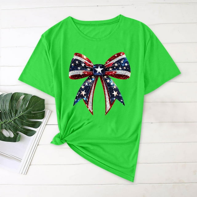 Simua Womens Summer Casual T-Shirts Bowknot Pattern Classic Crewneck Short Sleeve Tees Loose Fit