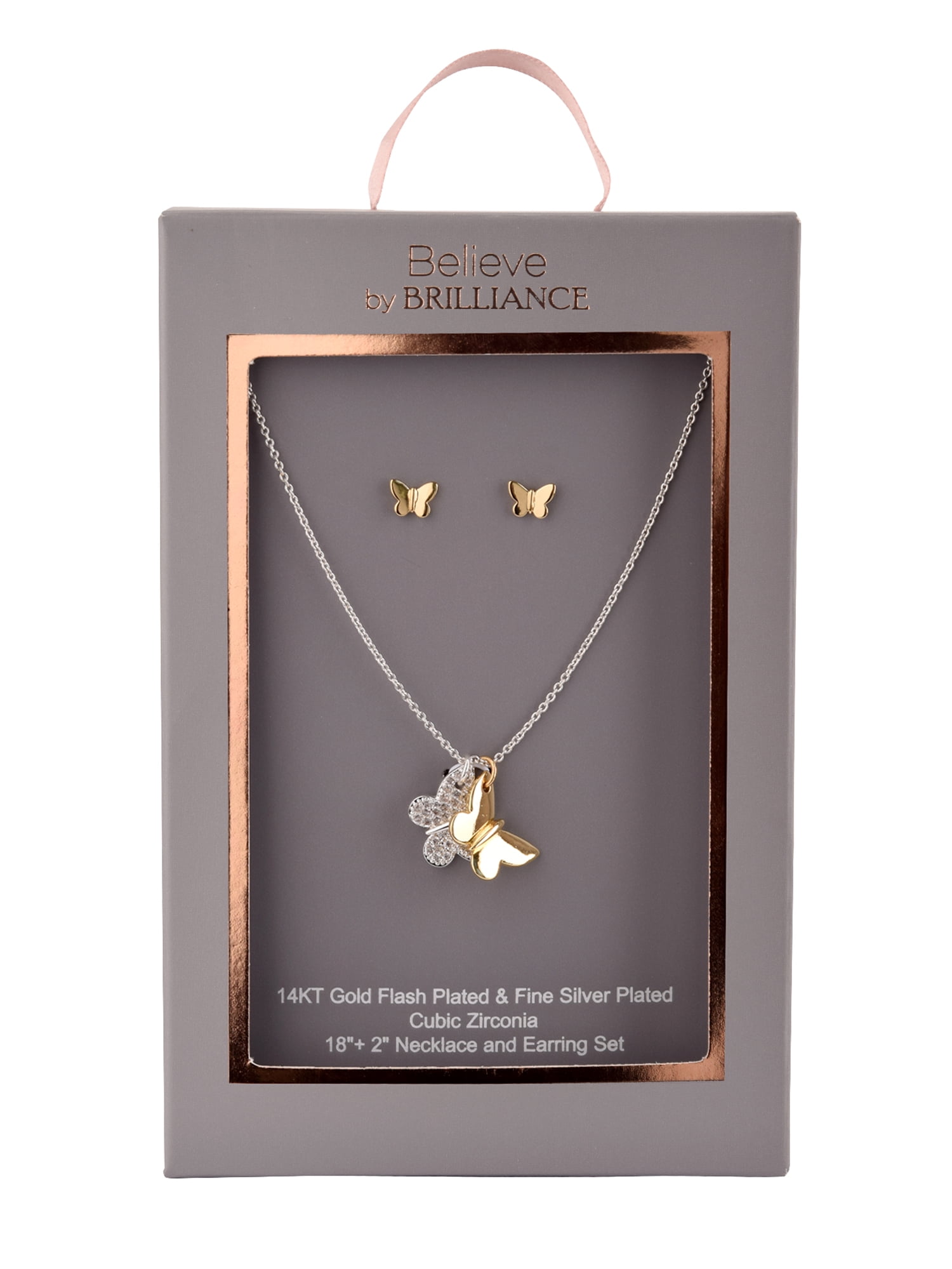Believe by Brilliance Women's Adult Female 14kt Gold Flash Plated and Fine Silver Plated Butterfly CZ Necklace and Earring Set