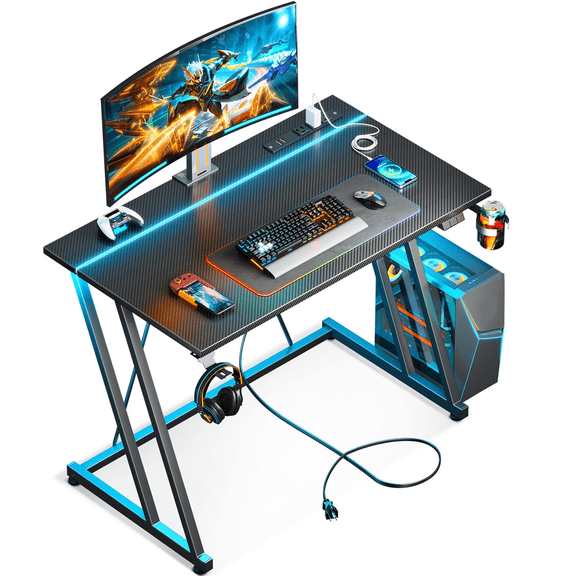 Ktaxon Z-Shaped Computer Gaming Desk with USB Wireless Charging, Computer Desk Corner Writing Desk with LED Light, Black