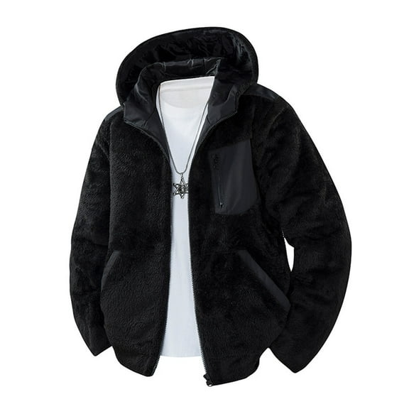 WTOBBY Men's Stand Collar Lambskin Jacket, Hooded Casual Cardigan Coat, Soft Fleece Lined Outdoor Wear for Cool Weather and Daily Comfort,Black L