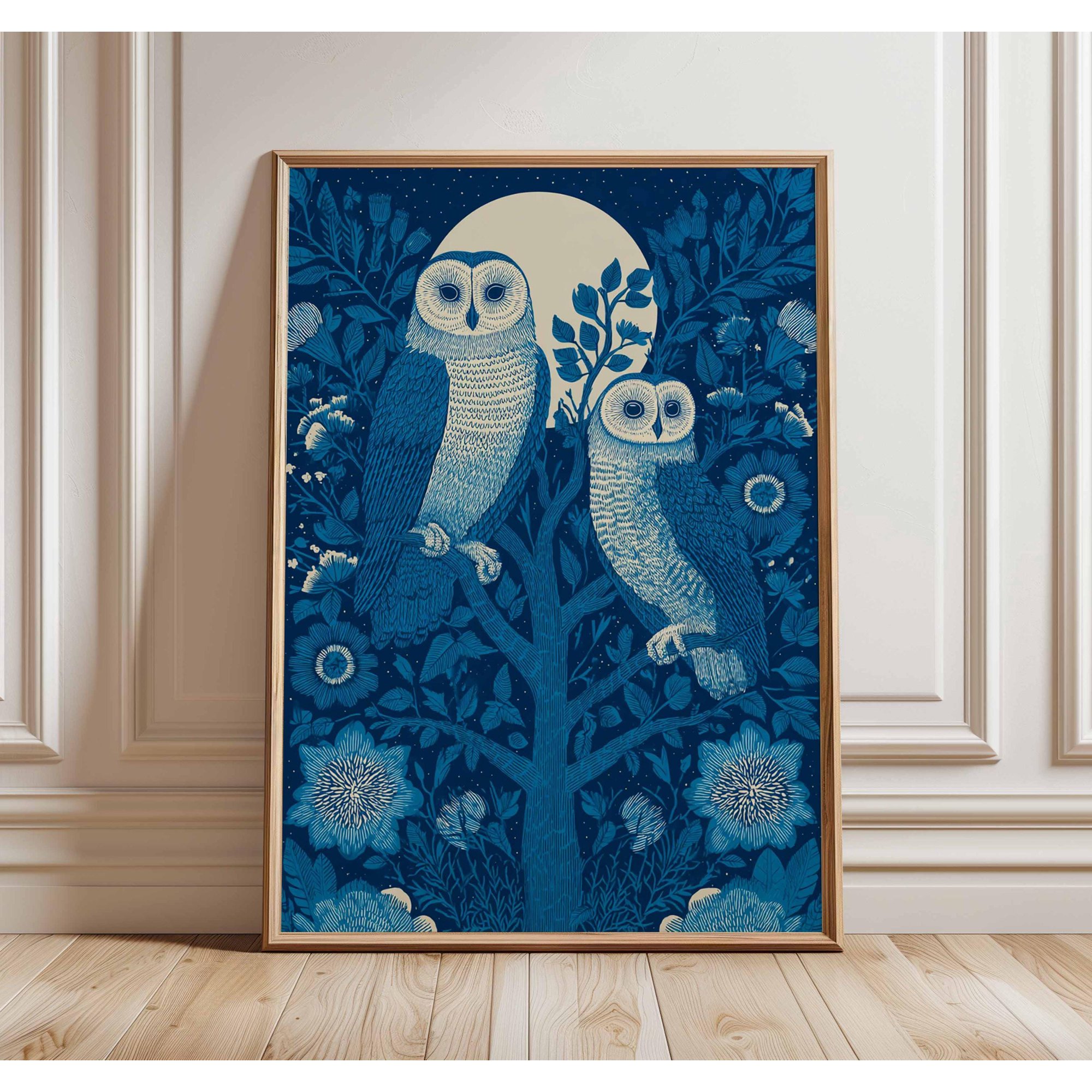 Owl Poster, Moonlit Night Wall Art, Woodland Animal Print, Blue Botanical Artwork, Mystical Bird Illustration, Nature Inspired Home Decor, Poster Only