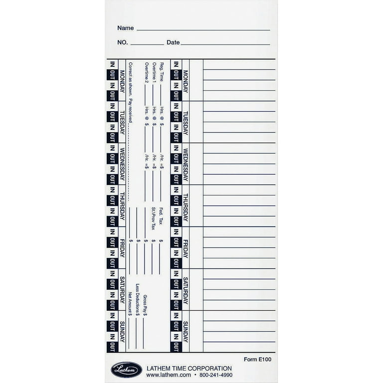 Time Clock Cards for Lathem Time E Series, One Side, 4 x 9, 100/Pack Time Clock Cards for Lathem Time E Series, One Side, 4 x 9, 100/Pack
