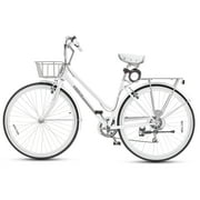 Viribus Hybrid Bike, 700c City Commute Cruiser Bike with 7 Speed Drivetrain 28" Wheel Step Through Frame Front Basket Rear Cargo Rack Dual V Brakes,White