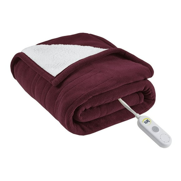 Serta Polyester Fabric Fleece to Sherpa Heated Electric Throw in Red