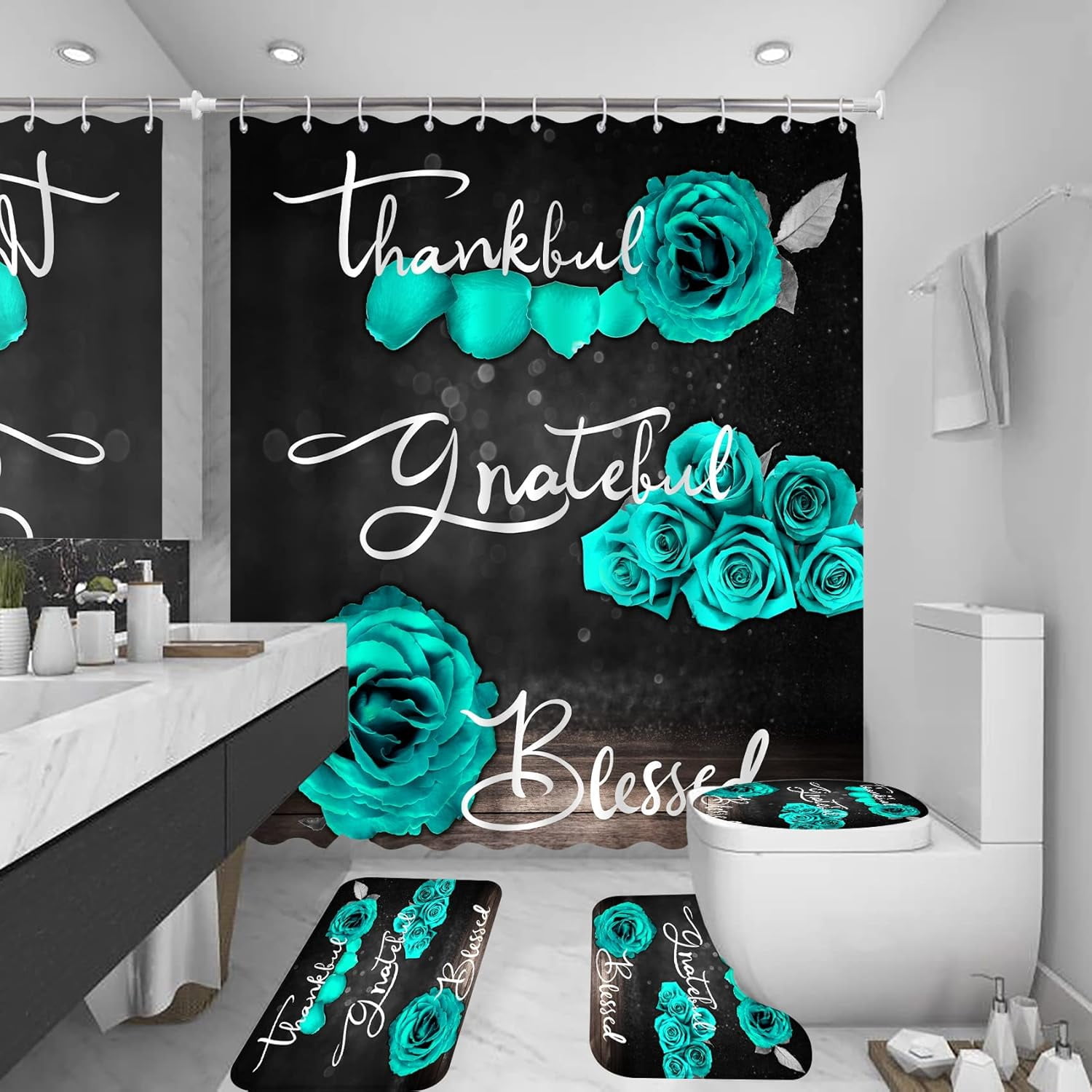 Teal Rose Shower Curtain Set, Thankful Grateful Blessed Turquoise Bathtub Curtain with Non-Slip Rug, Toilet Lid Cover, Bath Mat and 12 Hooks, Romantic Green Floral Bathroom Decor
